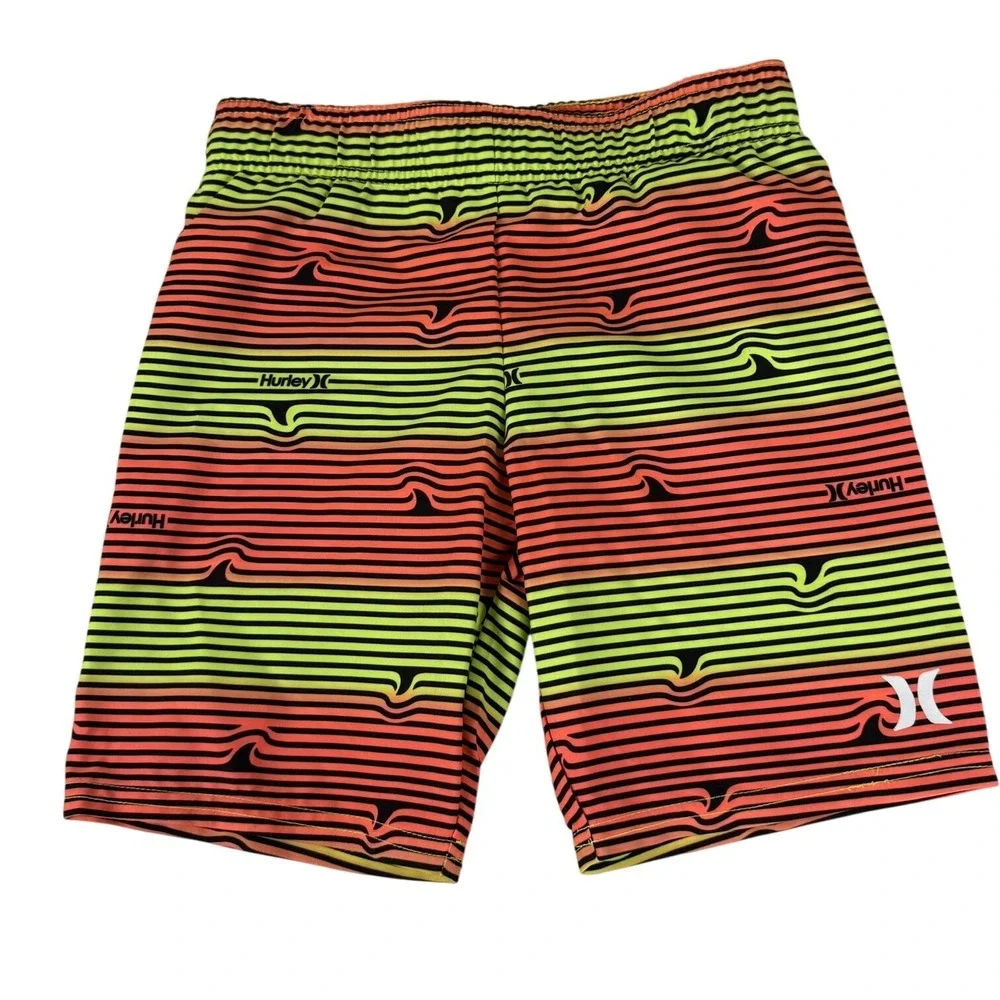 Hurley Boys 7 Swim Trunks Orange Neon Yellow Striped Shark Fin Board Shorts NWOT